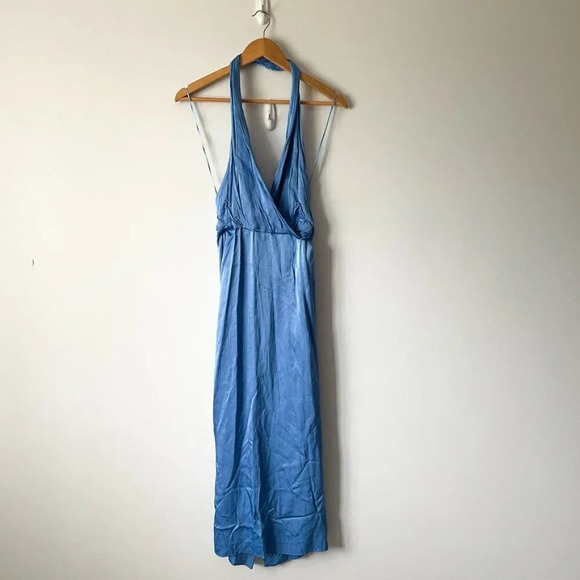 Zara  Satin Effect Halter Wrap Midi Dress Blue Size Small - Picture 4 of 9